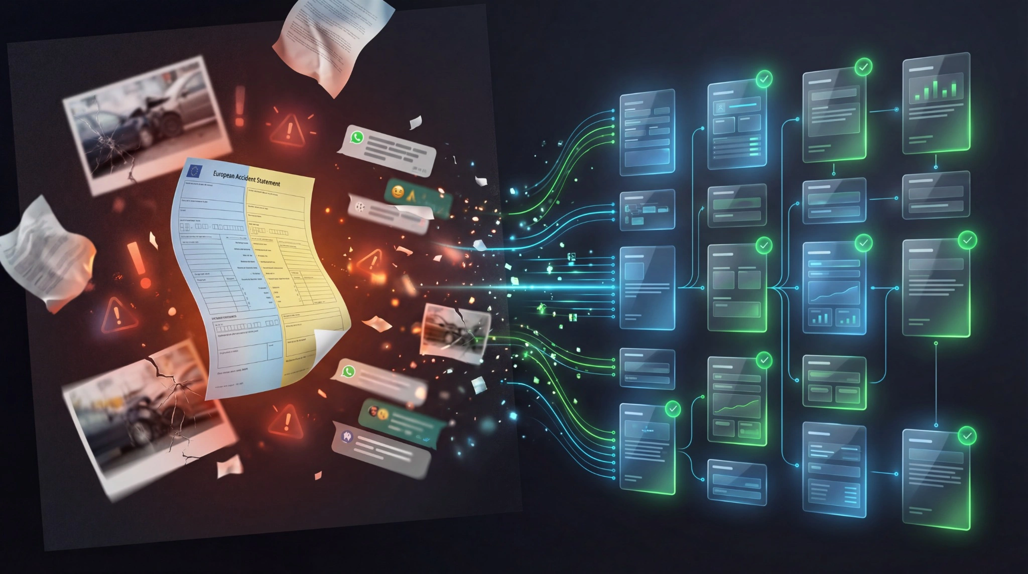 Split image showing chaotic paper forms versus organized digital reports