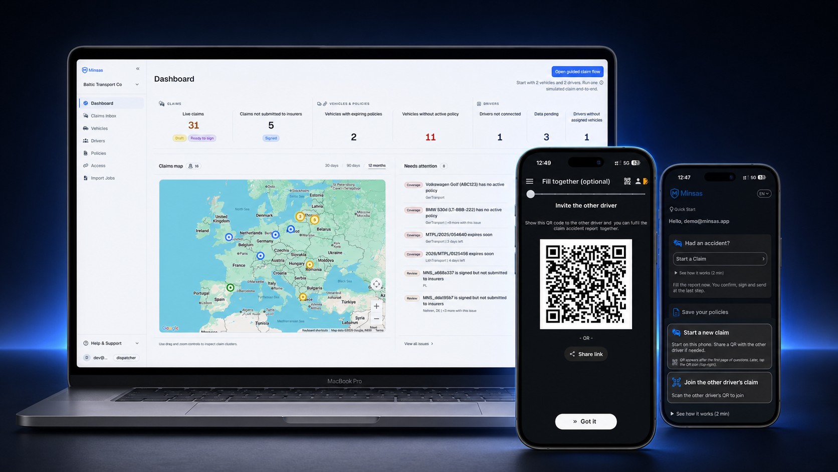 Minsas fleet portal and driver app shown together for accident reporting