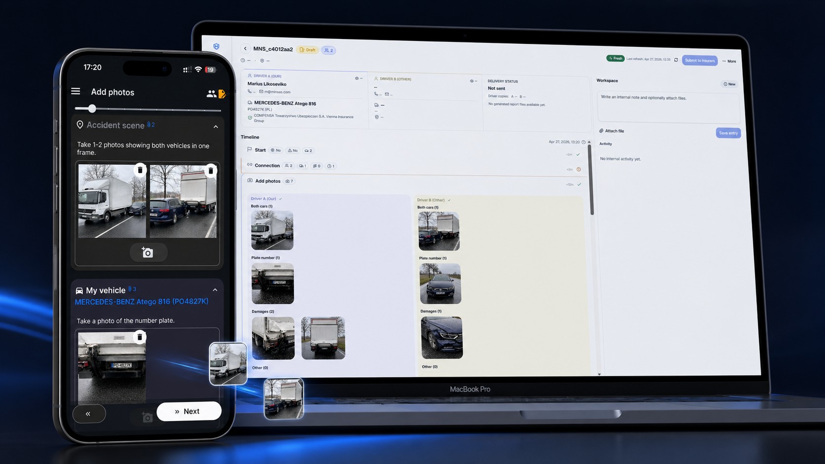 Driver app and fleet portal showing accident photo collection