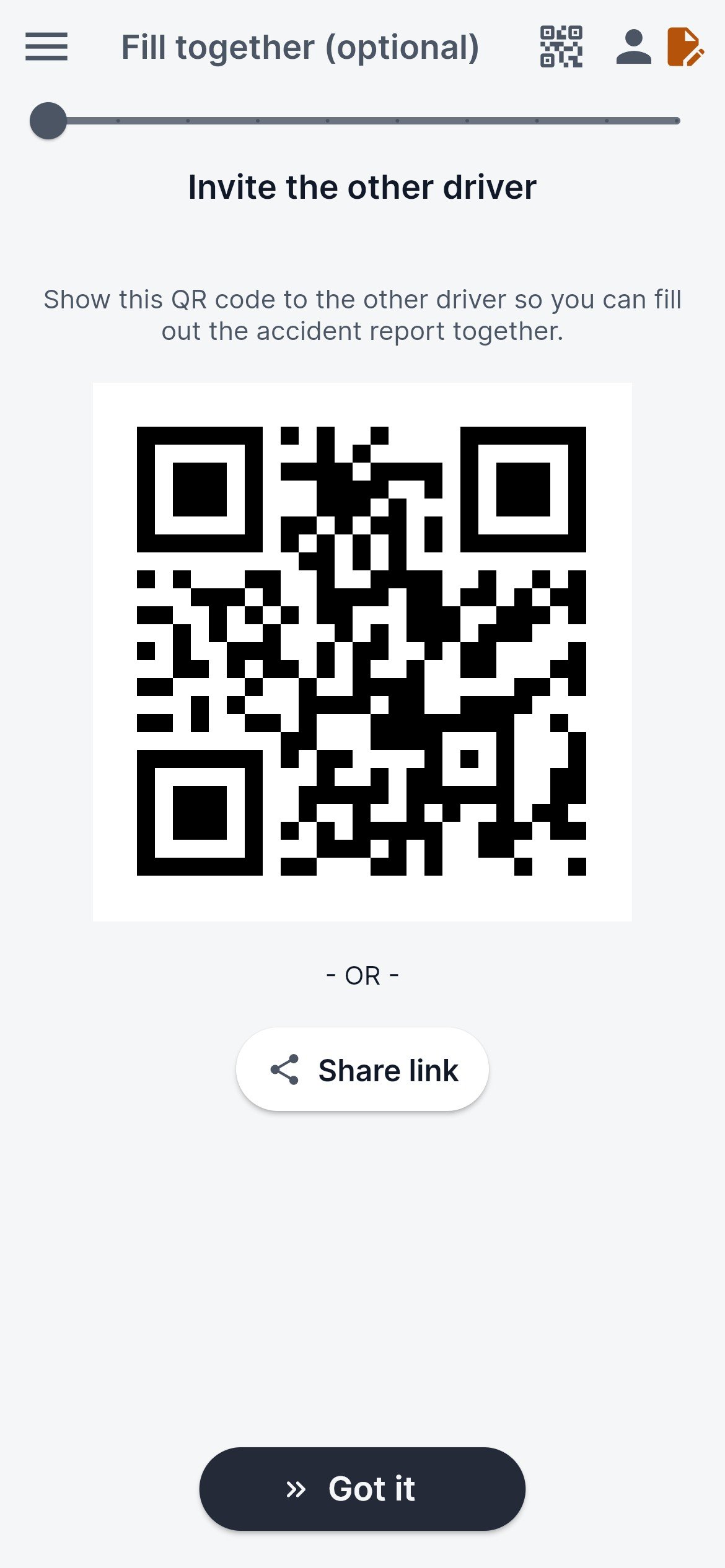 Inviting the other driver to the same statement with a QR code or a shared link.