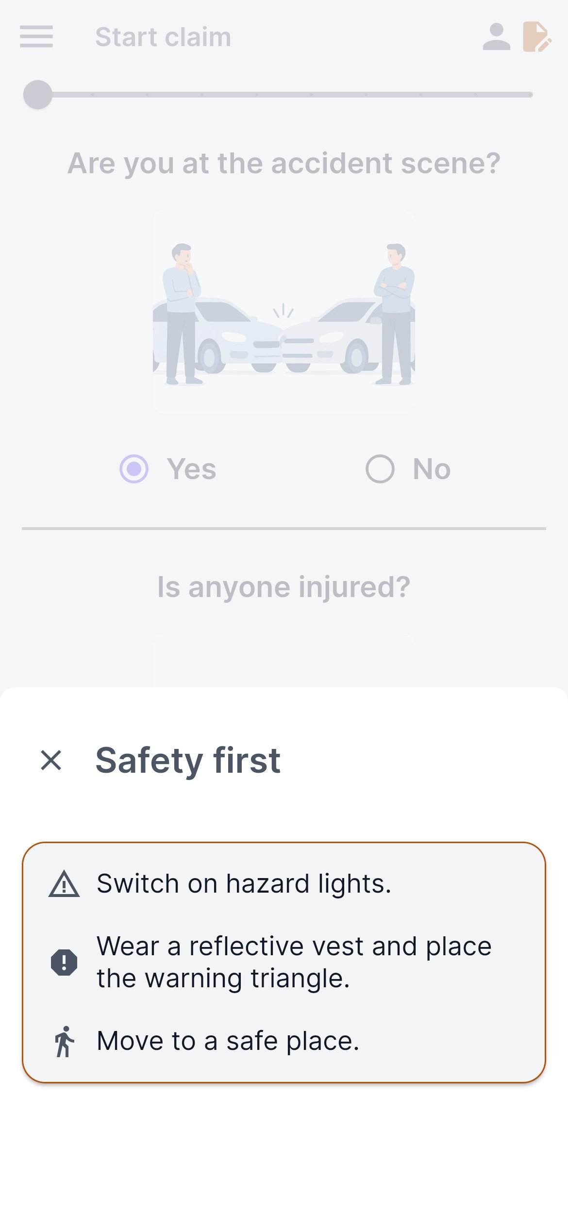 Minsas at the start of a claim: safety first (hazard lights, a reflective vest and the warning triangle, a safe place), then: are you at the accident scene, and is anyone injured?