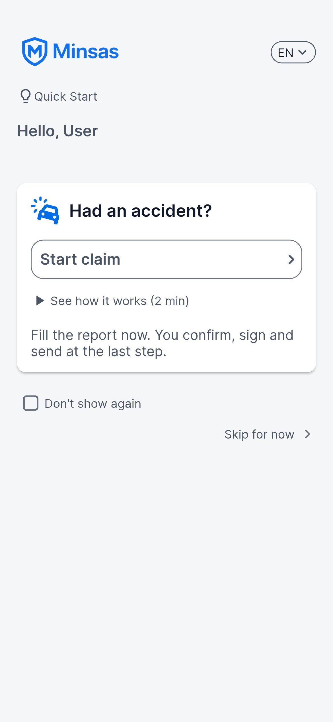 The Minsas app after an accident: Start claim.