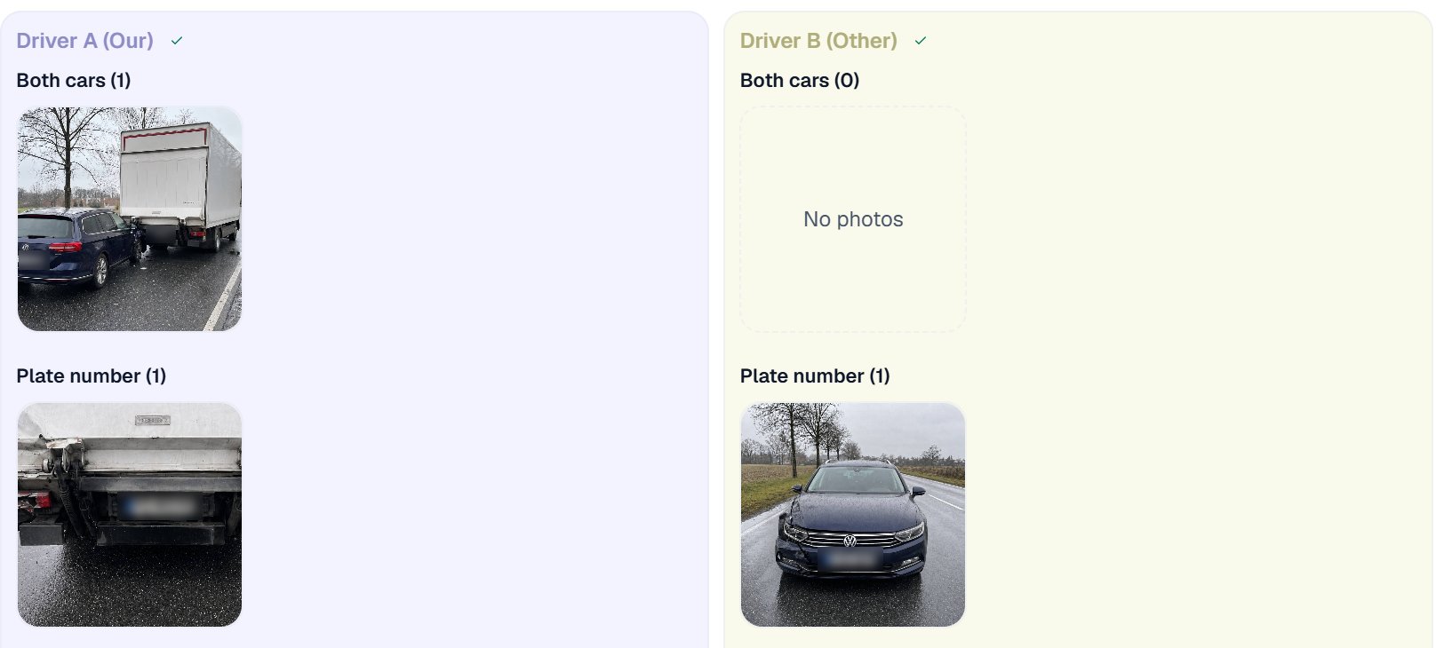 The claim file in the Minsas company portal: both drivers’ photos.
