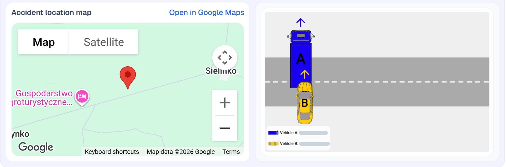 The claim file: the accident location on a map and the drivers’ sketch.