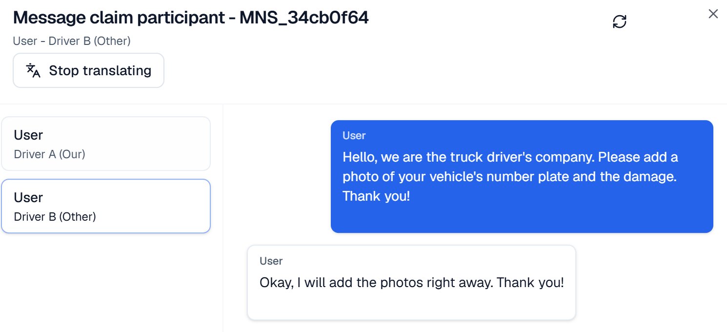 The claim file’s message thread with the other driver: their Lithuanian reply, translated into English with one tap.